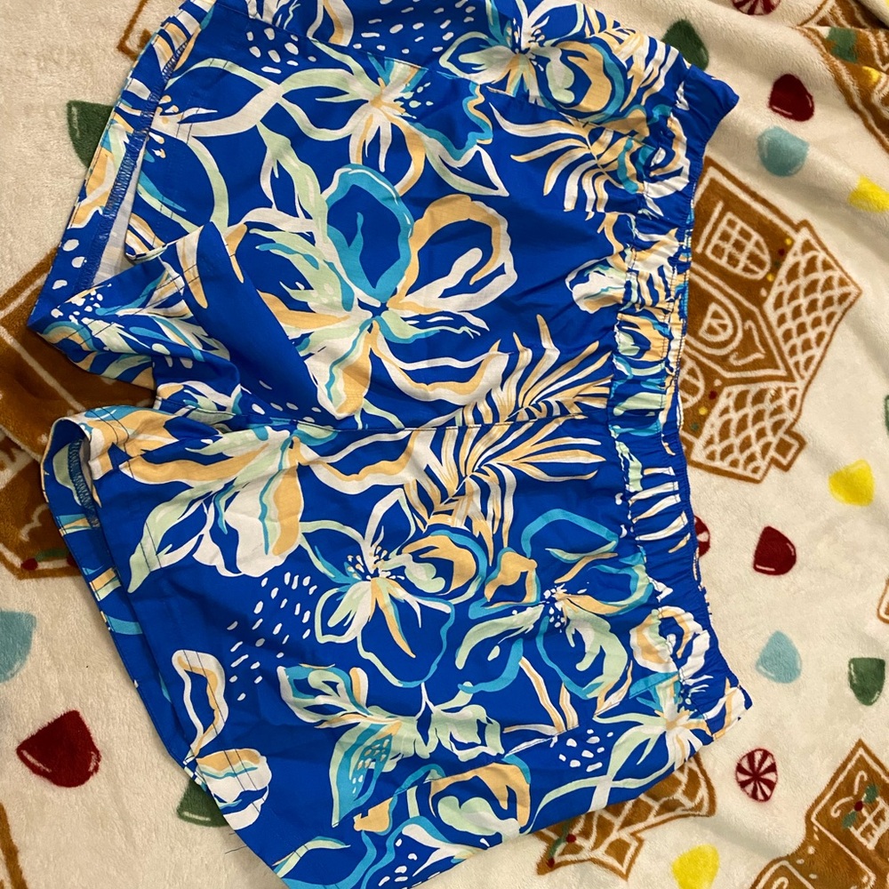 Columbia Blue and White Athletic Shorts with Tropical Print